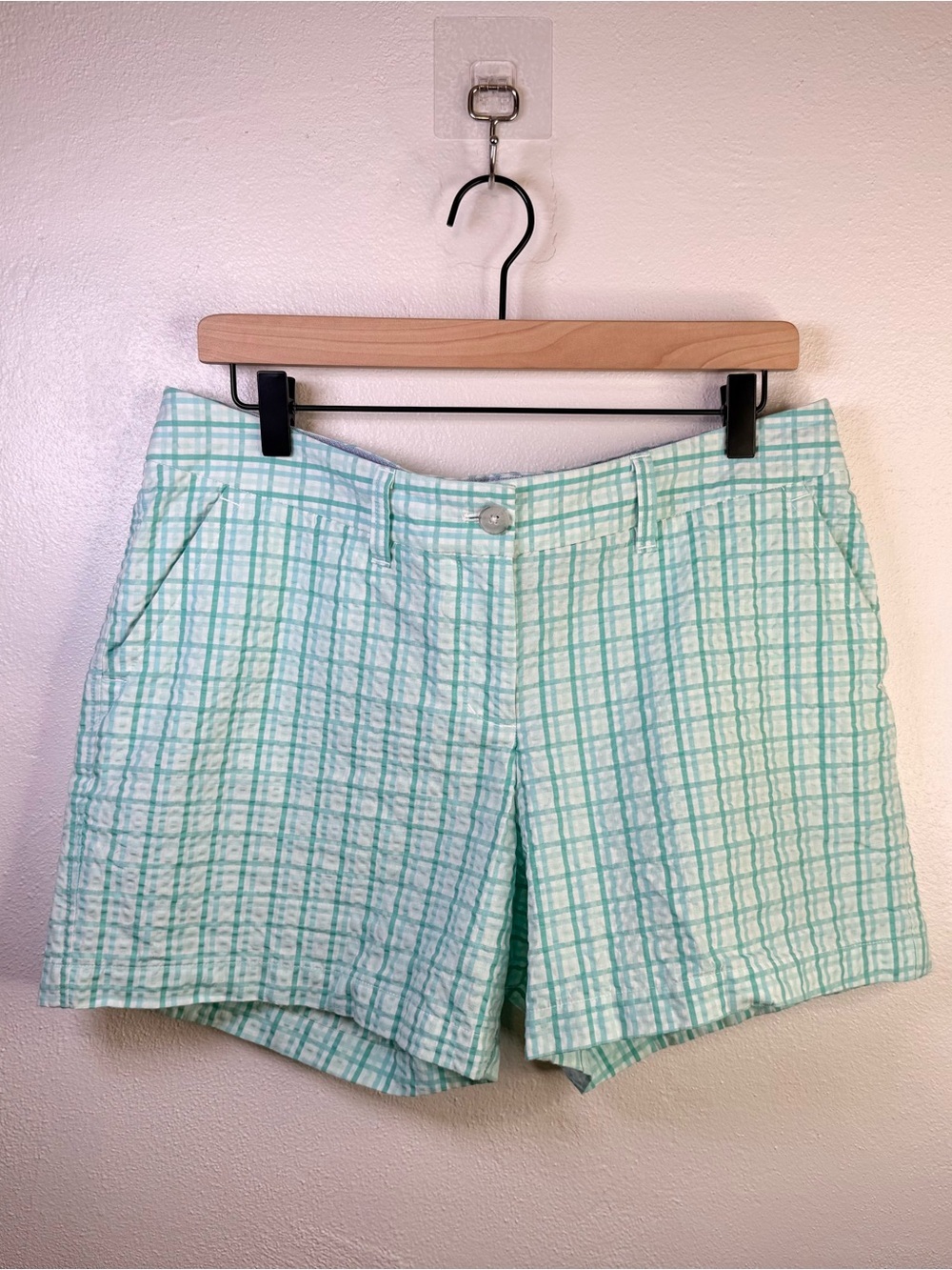 Southern Tide Caroline Cotton Seersucker Short in Bermuda Teal Gingham Size 10 - Picture 6 of 16